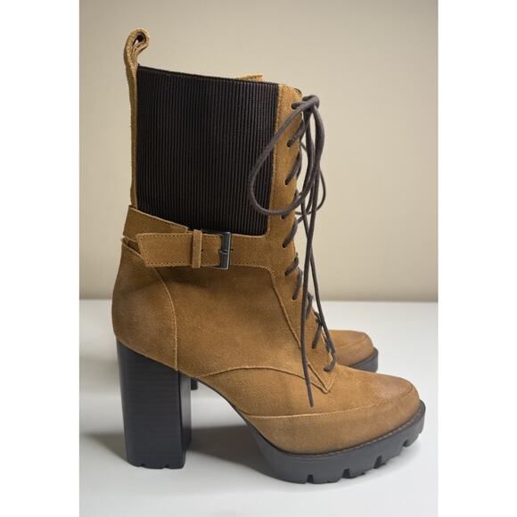 Charles David Gimmick Heeled Combat Boot Womens 10M Wheat Nubuck Leather Zip - Picture 1 of 11